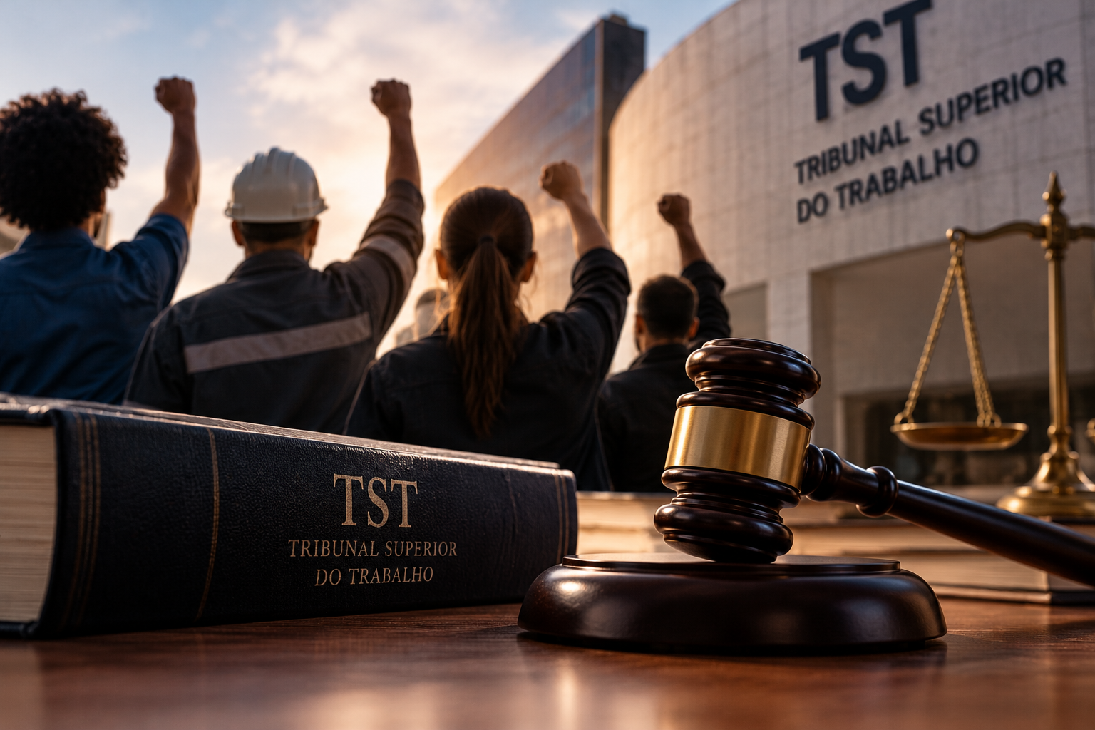 Ilustração sobre justiça trabalhista e legitimidade sindical no Tema 27 do TST